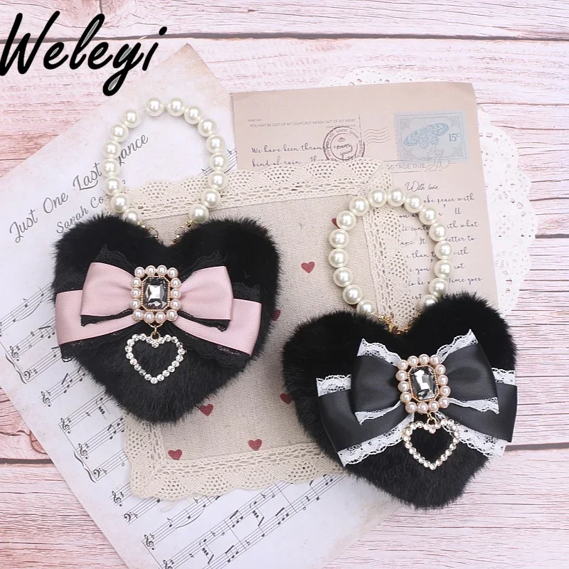 

Japanese Mines Lolita Big Love Bag Pendant 2024 New Handmade Kawaii Sweet Lace Pearl Beaded Fluffy Purse Accessories for Bags