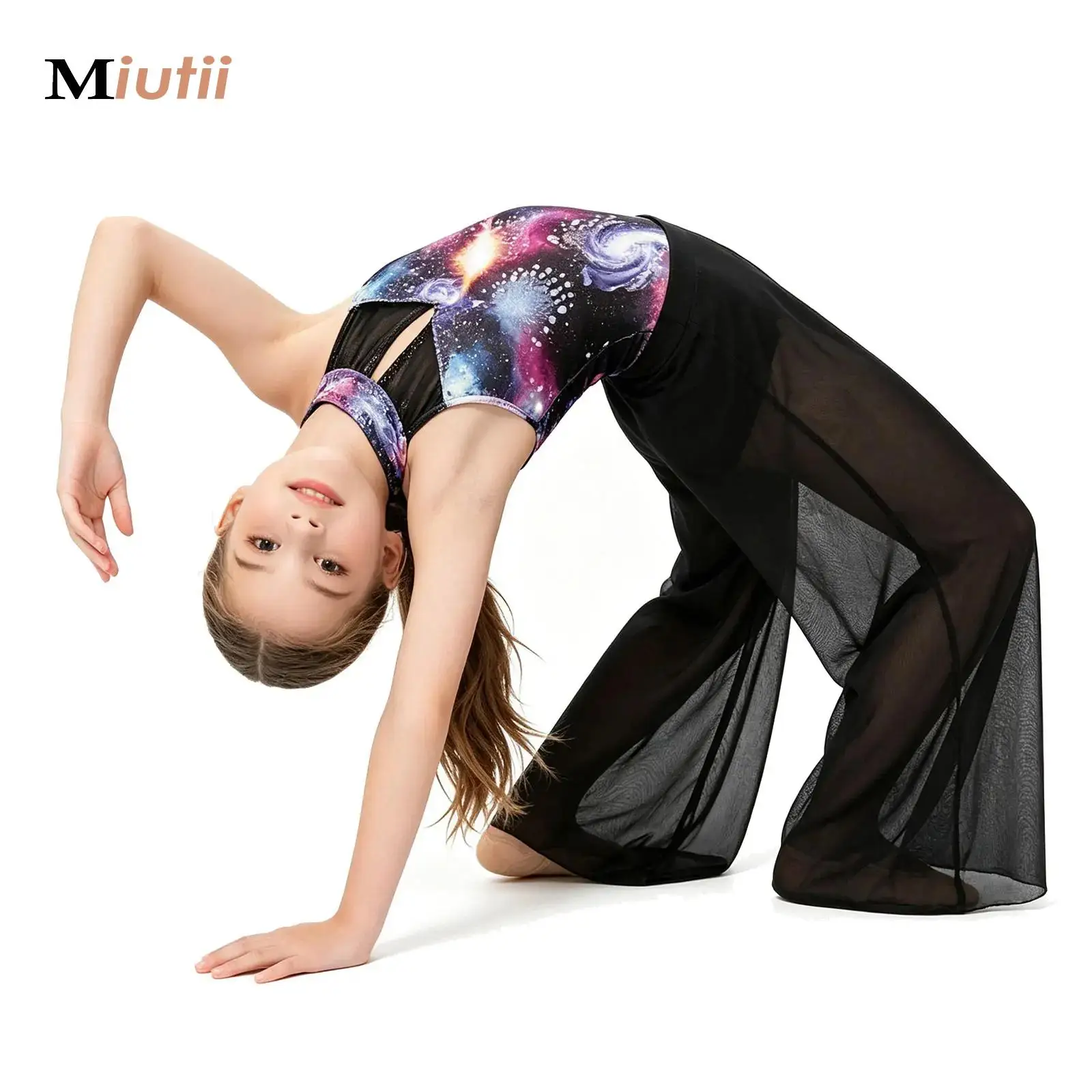 

Kids Girls Modern Lyrical Dance Performance Jumpsuit Printed Sheer Mesh Bodysuit Ballet Acrobatics Gymnastics Skating Costume