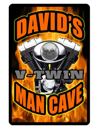 Personalized Man Cave Sign Printed with YOUR NAME V TWIN FLAME Aluminum DD#355