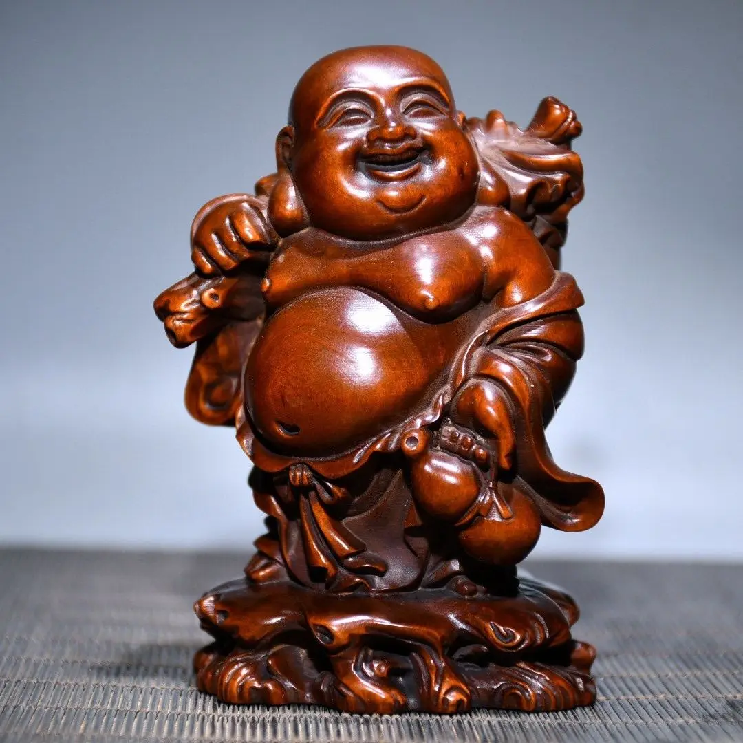 Hand Carved Wood Lucky Bag maitreya buddha Statue Figurine Desktop Ornaments Home Decoration
