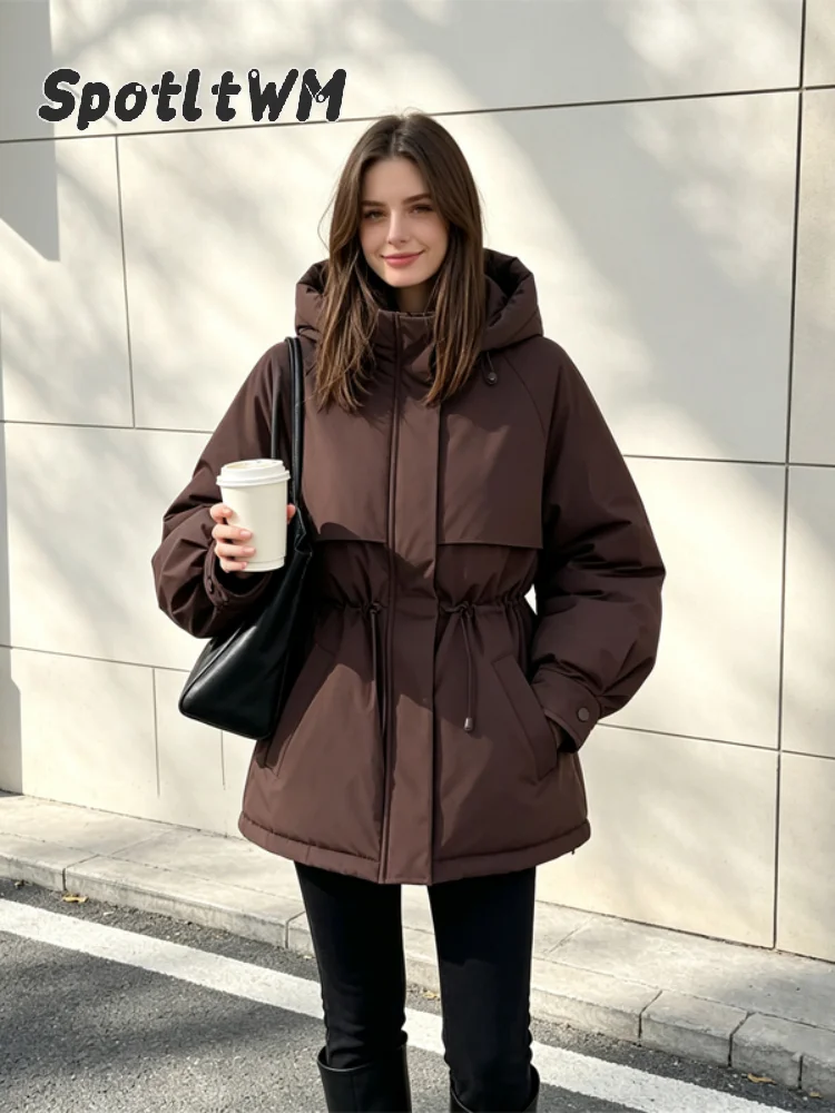 Women's Brown Hooded Quilted Puffer Jacket Drawstring Waist Cinched Padded Winter Warm Coat Casual Chic 2026 Fall Outerwear