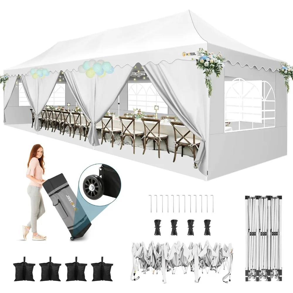 HOTEEL 10x30 Pop Up Canopy Tent with 8 Walls, Extra Tall Party Tent, Waterproof Event Shelter, Easy Setup with Wheeled Bag & Wei