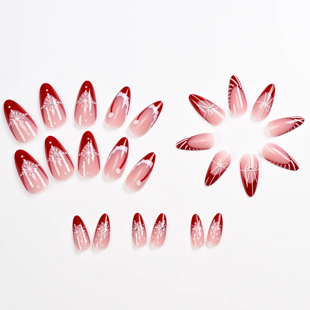 1/2Boxes Christmas Medium Almond Press On Nails Glossy Red French Tip Ribbon Bow Cherry Full Cover False Nails New Year FakeNail