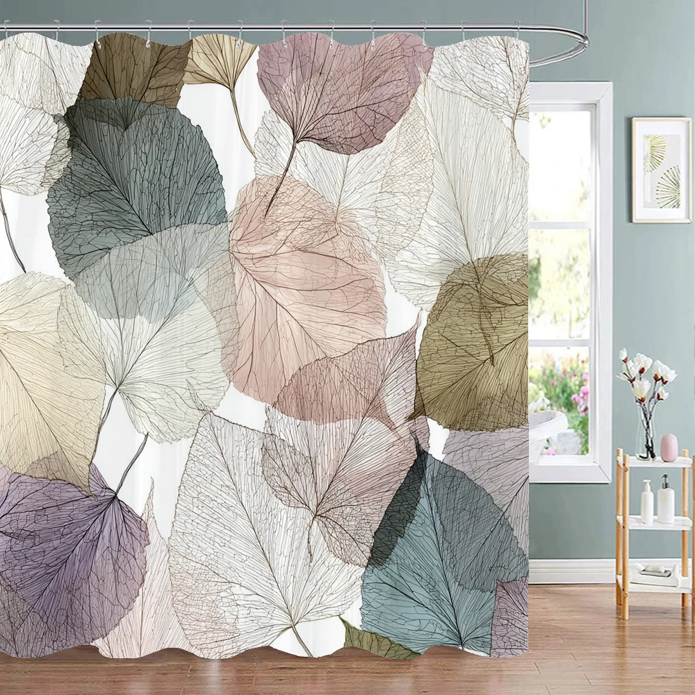Colour Botanical Leaf Shower Curtain, Leaves Plant Bathroom Decorative Shower Curtain, Waterproof Shower Curtain with Hooks