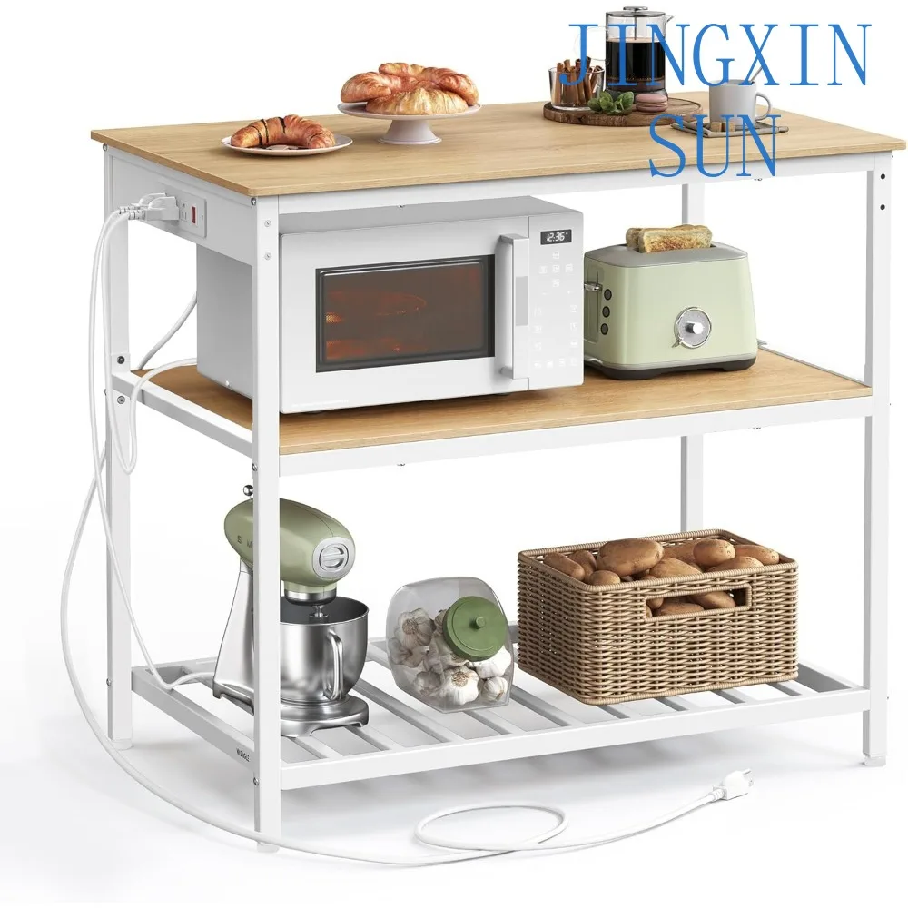 Kitchen Island with 3-tier Storage, Electric Outlet, 23.6 x 39.4 x 34.9, Spacious Work Surface, Metal Frame