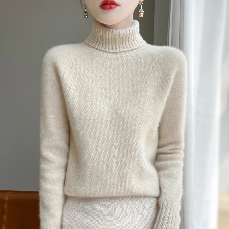 Fashion Autumn Winter 100% Wool Turtleneck Sweater Women High Street Sweater Solid Color Long Sleeve Top Knit Female Pullover