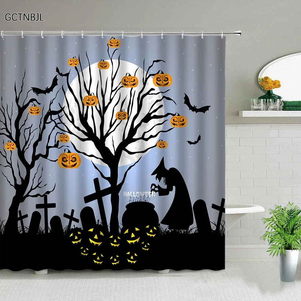 Halloween Moonlit Night Shower Curtains Cartoon Wizard Pumpkin on the Tree Tombstone Polyester Fabric Bathroom Decor Curtain