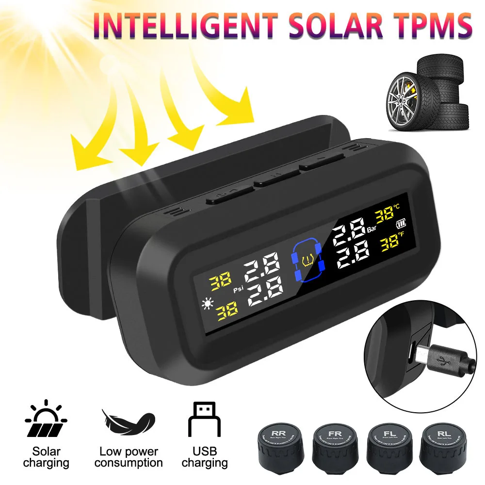 

Solar USB Powered Tyre Temperature Monitor Digital LCD Display Tire Pressure Monitoring System Car TPMS Auto Security Alarm