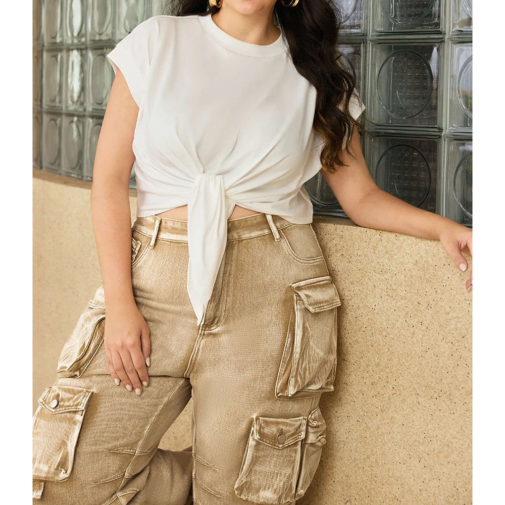 Women Solid Color Casual T-Shirts Short Sleeves Round Neck Ruched Tie Front Chic Summer Tops 5 Colors Daily Wear Tees T-Shirts