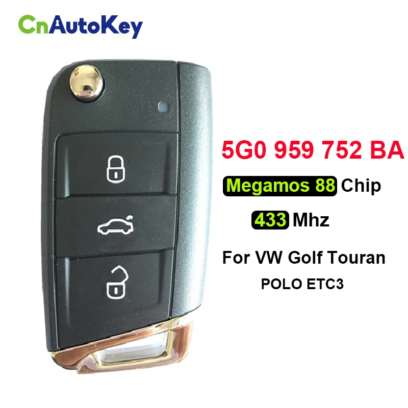 CN001068 3 Button Flip Remote Key 433MHZ For V-W V-olkswagen Golf Touran POLO ETC3 flip key With Megamos 88 Chip 5G0 959 752 BA 