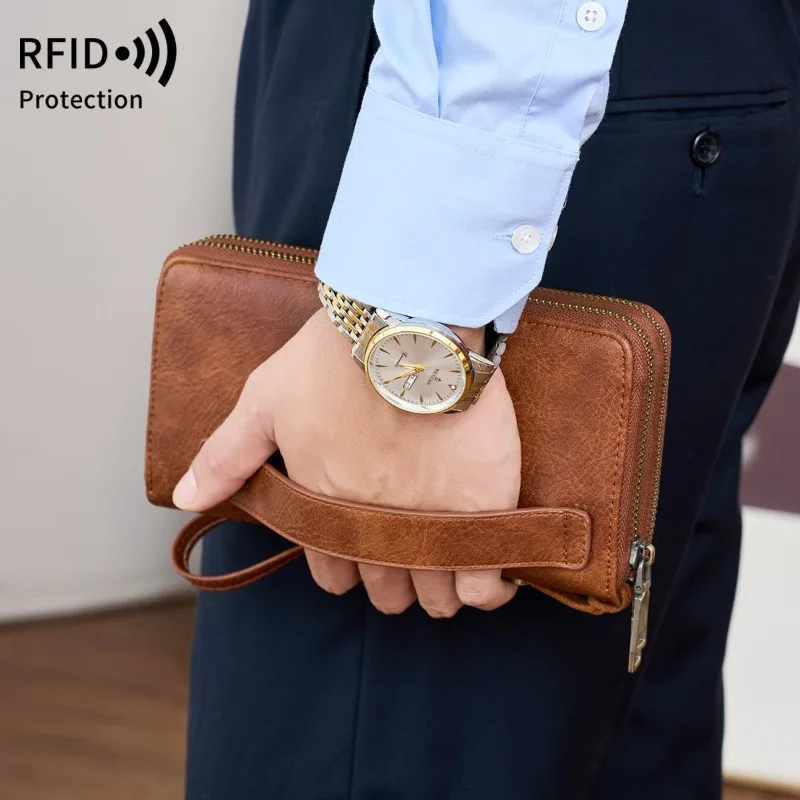 

Новый RFID мужской деловой кошелек модный длинный кошелек на двойной молнии ретро большой емкости женский клатч