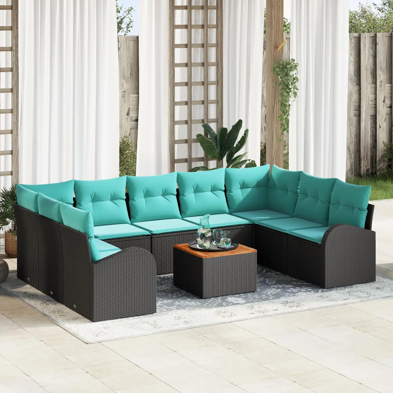 

Stylish 10 Piece Outdoor Sofa Set with Cushions Black Poly Rattan and Acacia Durable Furniture for Garden Patio