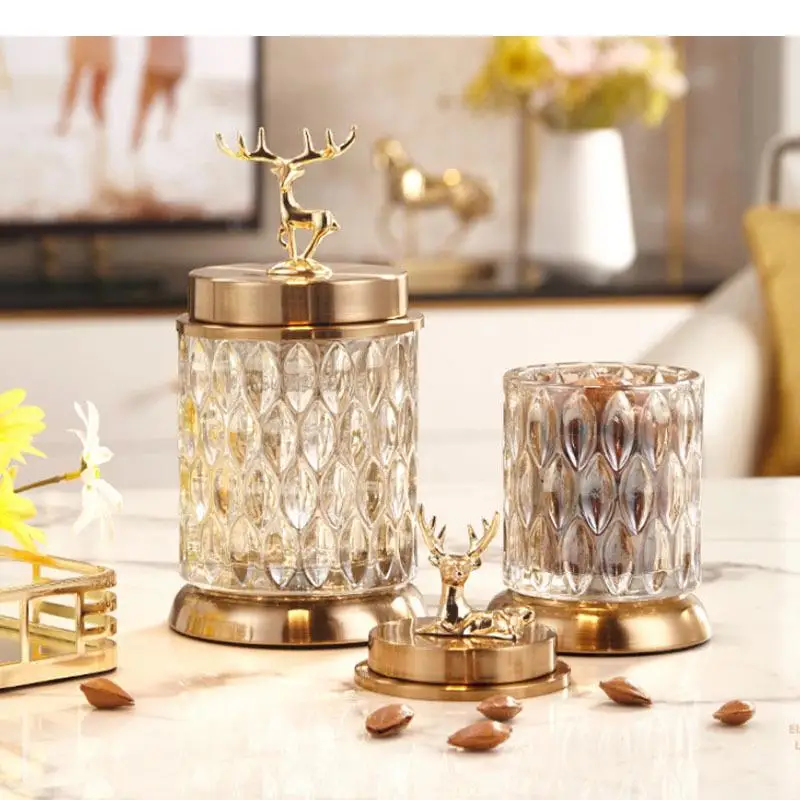 2 Pcs/set Glass Storage Jars Golden Deer Decorative Tea Canister Candy Pot Crystal Jar with Cover Spice Organizer