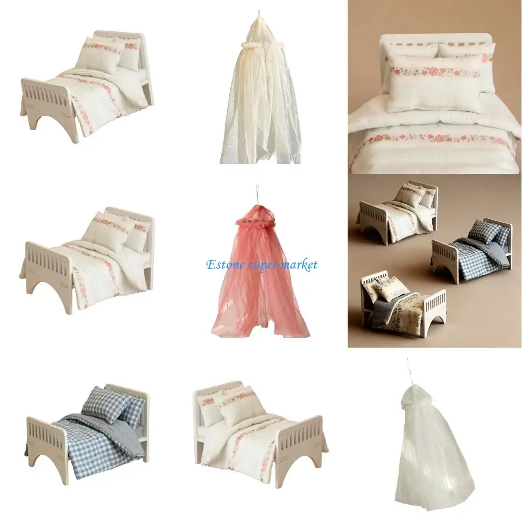 

090B Realistic Wooden Bed and Bed Curtain Model House Bedroom Twin Bed 1:12 Scale Miniature Furniture