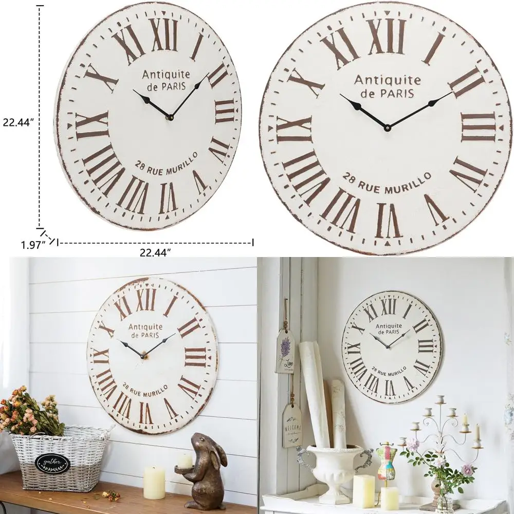 

Vintage-Inspired 22 Round Metal Wall Clock, French Antique Style, Battery-Powered Silent Quartz Movement, Roman Numerals