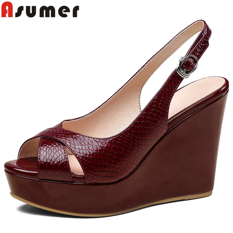 

ASUMER 2024 New Patent Leather Peep Toe Sandals Buckle Wedges High Heels Shoes Ladies Slingbacks Platform Women's Sandals