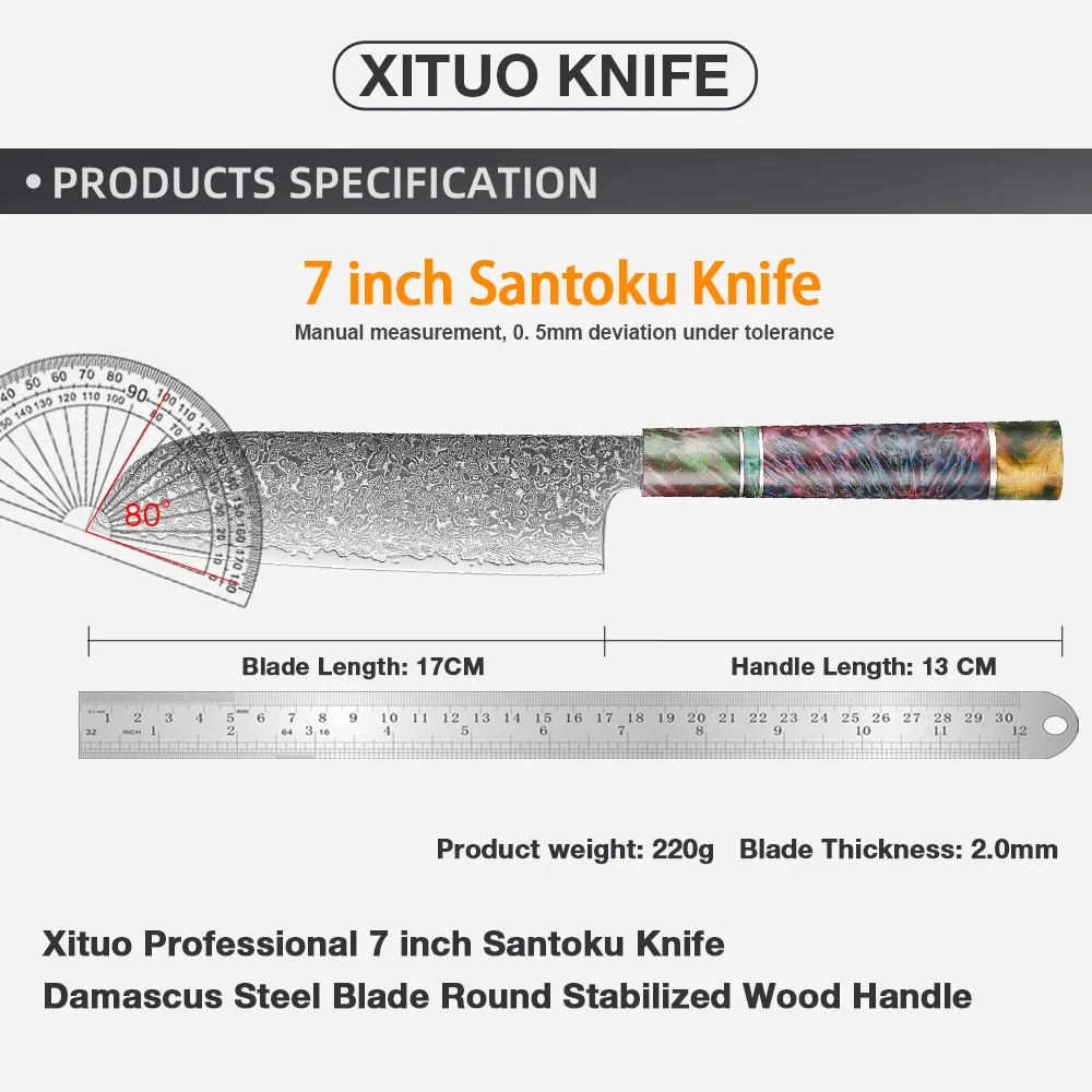 Santoku Chef's Knife 7 Inch Damascus Japan VG-10 Super Stainless Steel Sharp Kitchen Cooking Knife Ergonomic stable wood handle