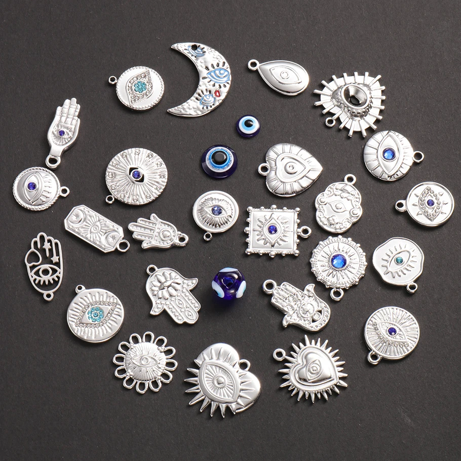 5 Stück Edelstahl-Anhänger mit Fatima-Hand, Herz/Mond/Rundem Bösen Auge für Schmuckherstellung, dunkelblauer Strass-Charm, Großpackung – Detail 1