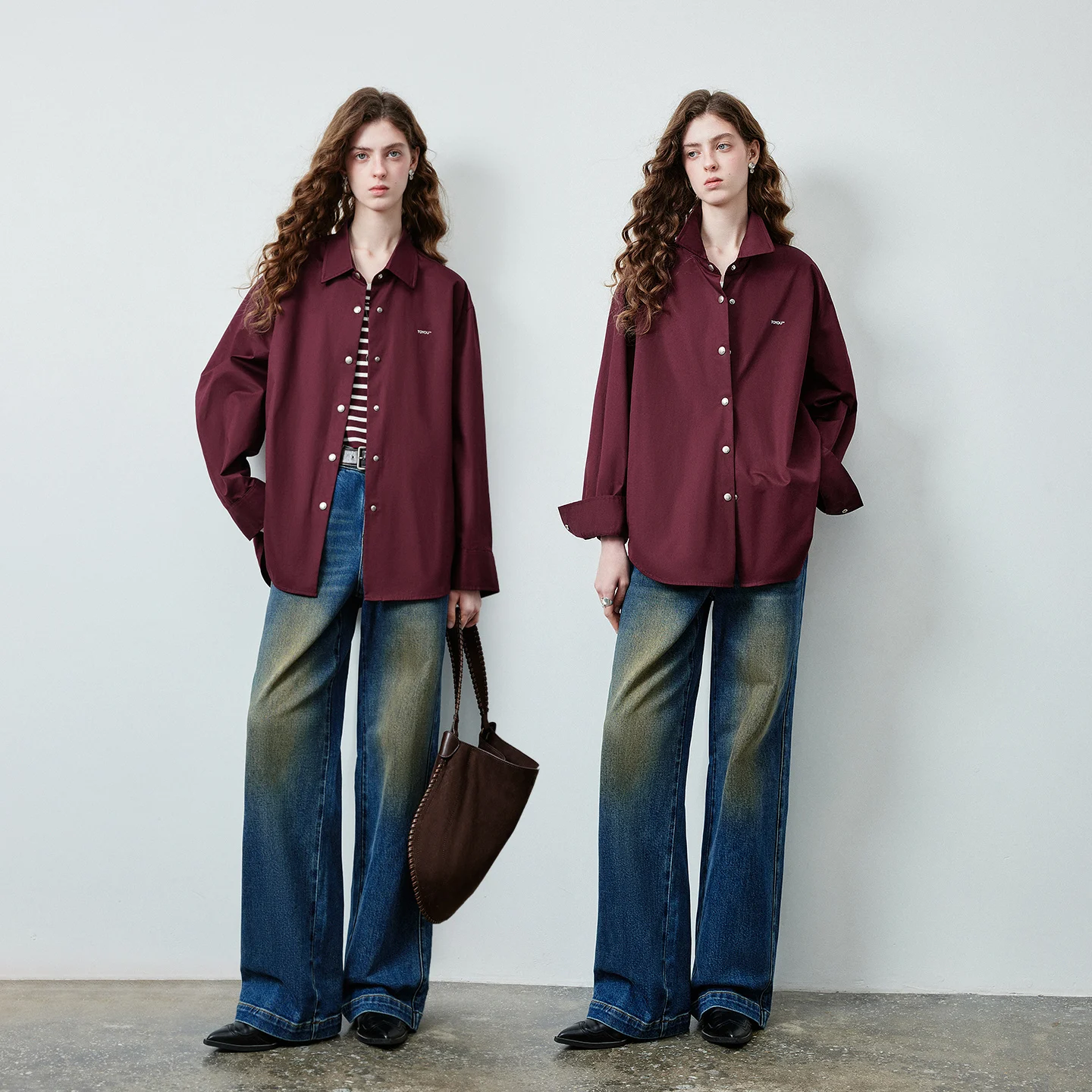 TOYOUTH Women's Brushed Cotton Button Down Shirt 2026 Fall New Arrival Burgundy Loose Drop Shoulder Vintage Office Commute Top