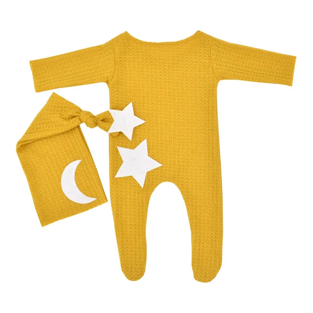 Ylsteed Newborn Footed Romper for Photoshoot Moon Star Patch Photography Outfit Baby Boy Picture Props Long Sleeve Jumpsuit