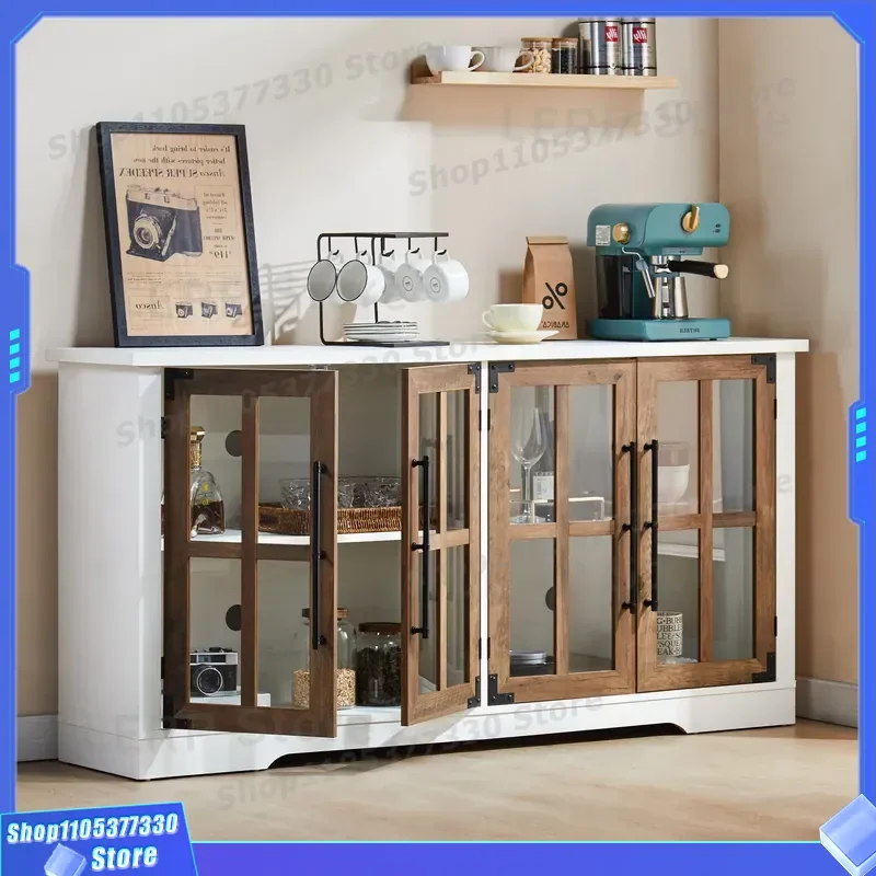 Retro French Style Glass Door Wine Cabinet Living Room Storage Bookcase American Contrasting Color Sideboard for Dining Study