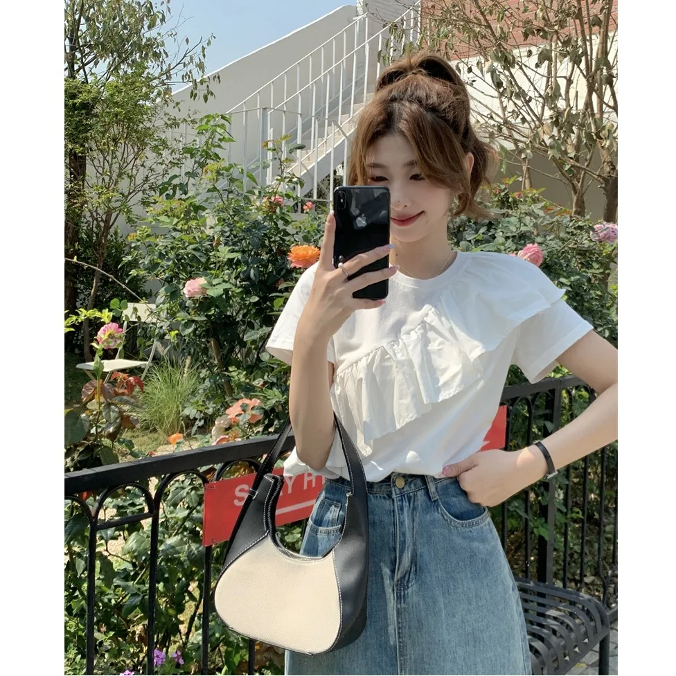 قصيرة الأكمام خارج الكتف قميص تي شيرت النمط الفرنسي تكدرت هيم الصيف الجينز قصيرة بسيطة عارضة أعلى، الصيف