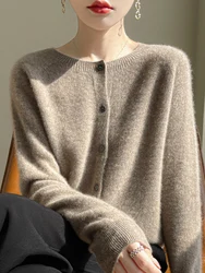 Women's Sweater Cardigans 100% Merino Wool Knitwear Raglan Sleeve Cashmere O-neck Solid Autumn Winter Casual Comfortable Tops