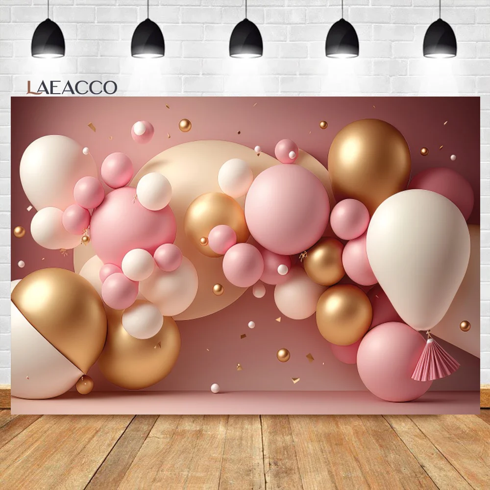 

Laeacco Pink And Gold Balloons Kids 1st Birthday Scene Photography Background Baby Shower Newborn Girls Portrait Photo Backdrop