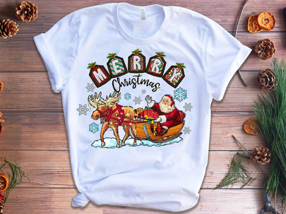 

Merry Christmas Santa Claus Reindeer Graphic Print Tshirt Girls White Short Sleeve T Shirt Women Ha Ha Ha Fashion T-Shirt Tops