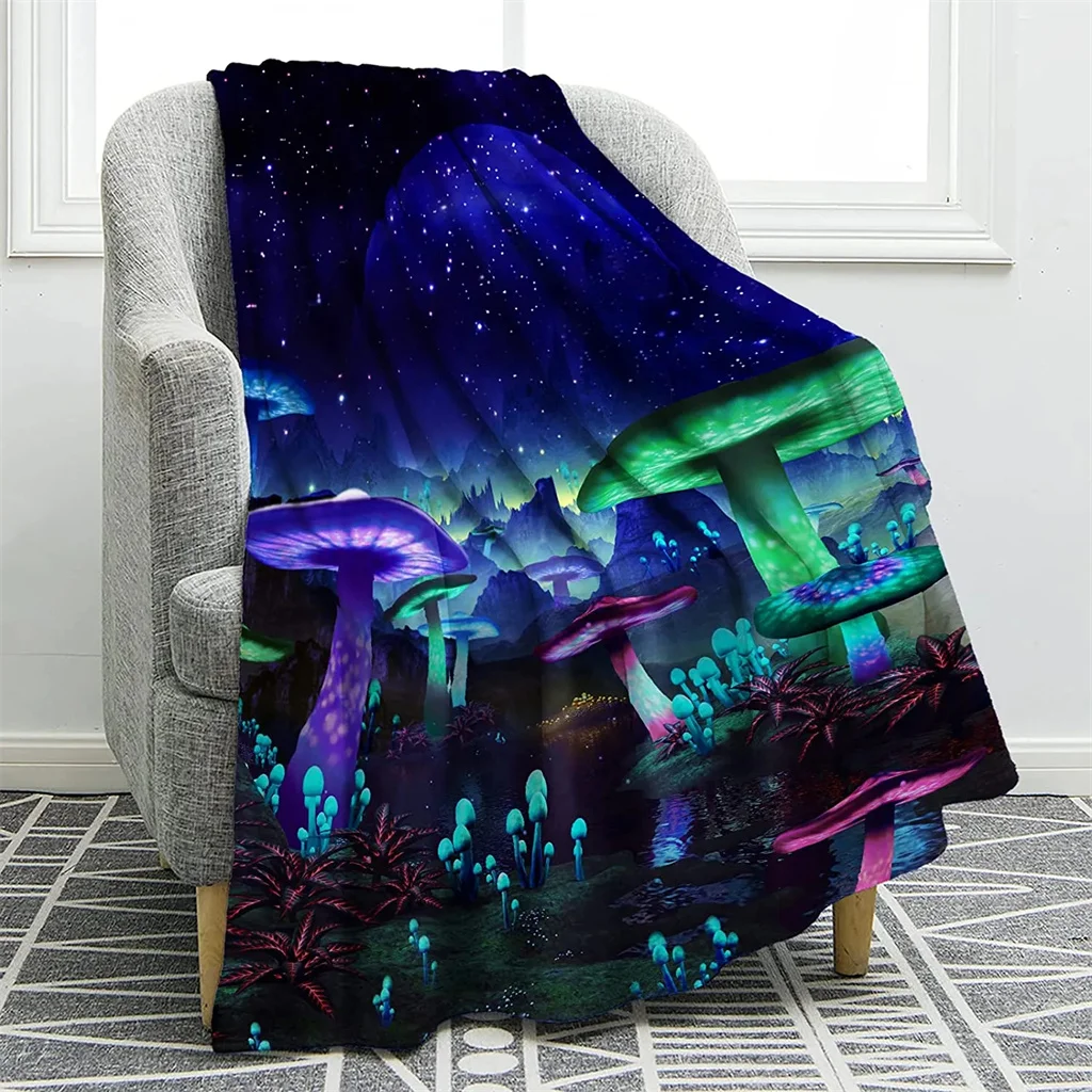 Mushroom Blanket Colorful Butterfly Moon Star Black Print Throw Blanket Mushroom Decor Warm for Home Living Room Sofa Office