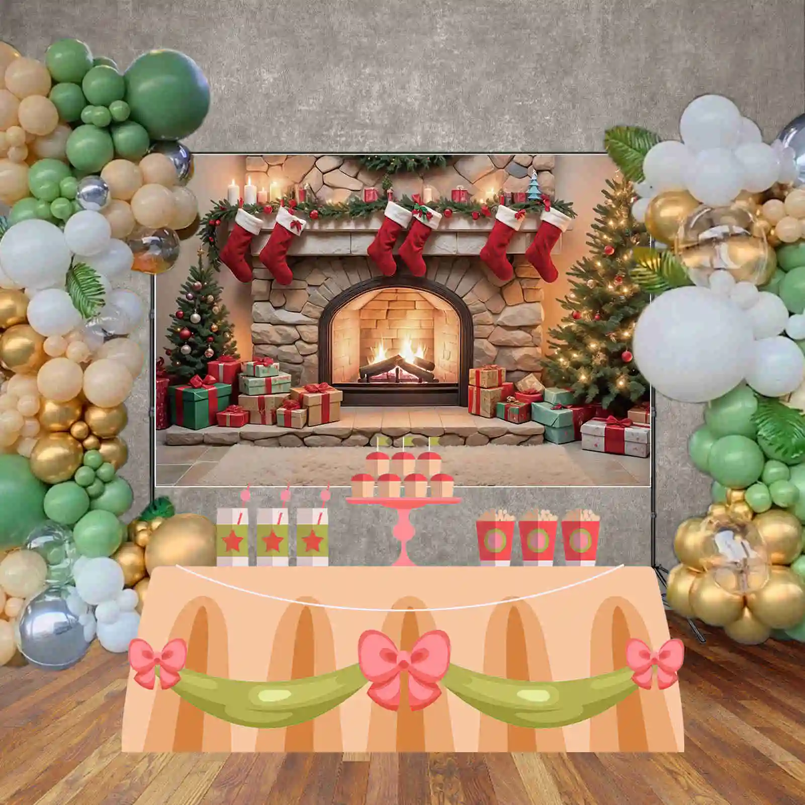 MOON.QG Christmas Fireplace Gifts Christmas Trees Backdrops Brick Stove Frame Vintage Indoor Backgrounds Party Photography Props