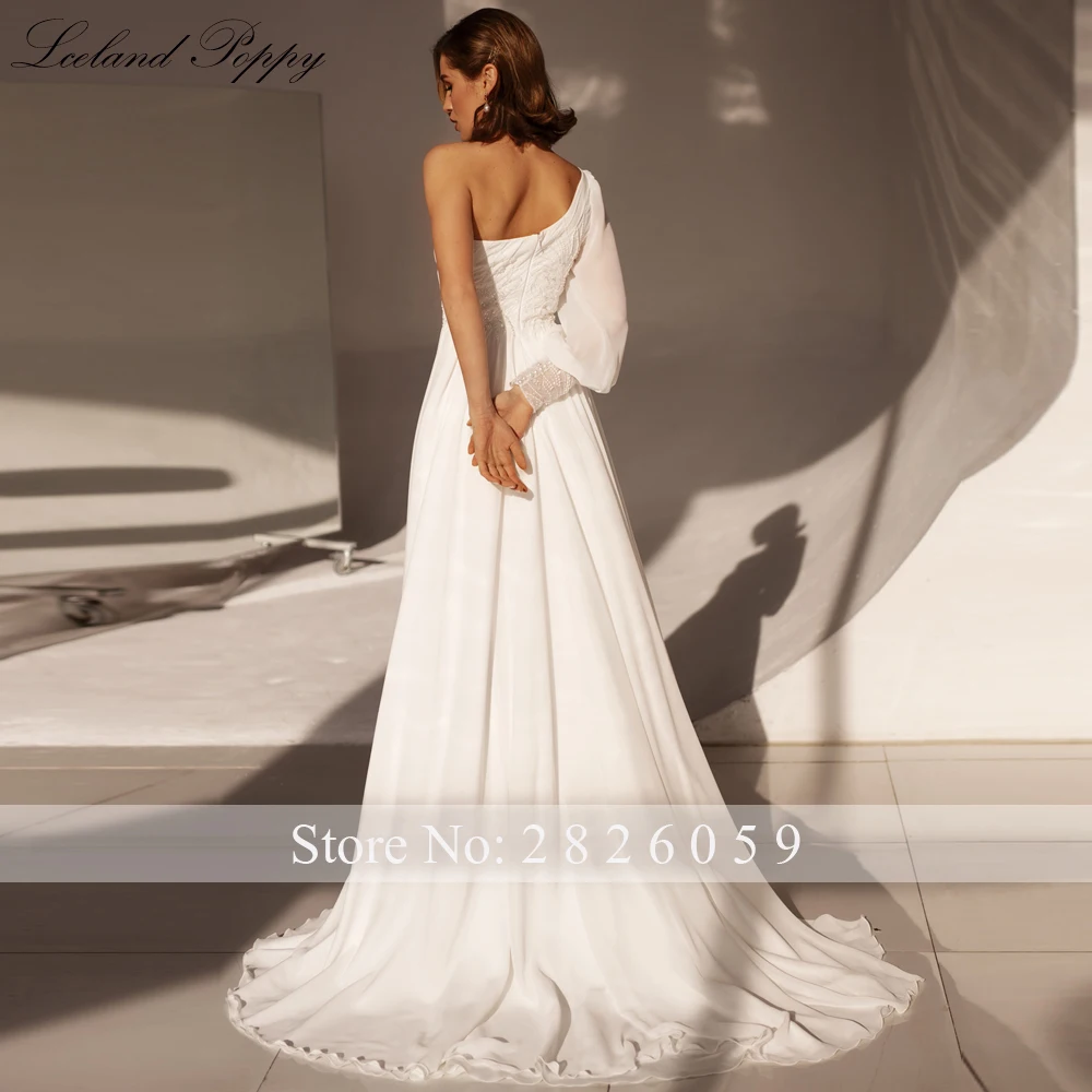 Lceland Poppy Customized A Line One Shoulder Chiffon Wedding Dresses Long Sleeves Floor Length Bridal Gowns with High Slit