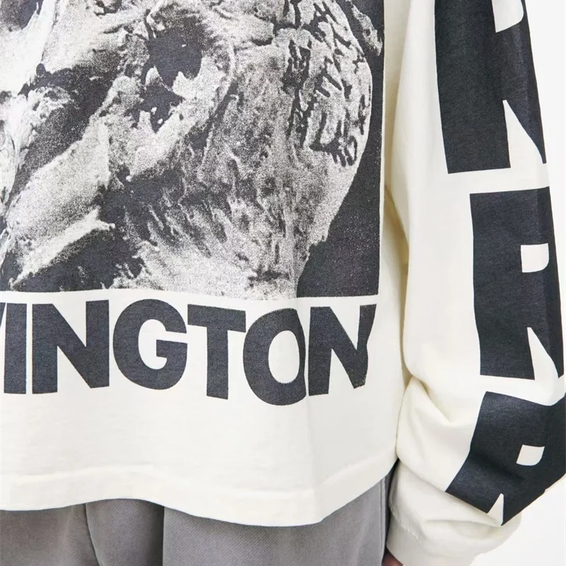 

25SS Повседневная стираная бетонная белая футболка High Street RRR123 с узором и длинным рукавом для мужчин и женщин, футболка большого размера лучшего качества