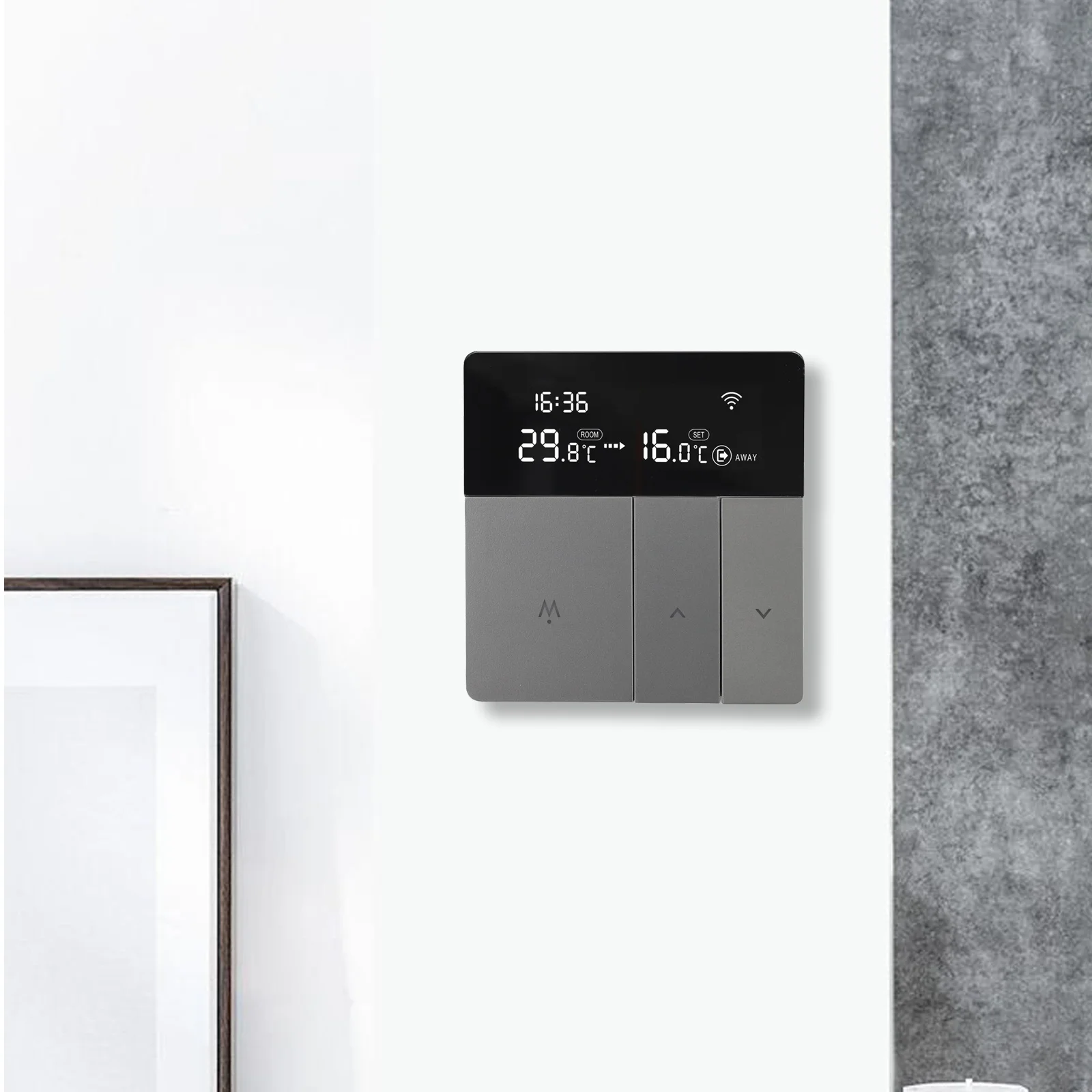 Thermostat Silver Grey WiFi Thermostat Safety Protection Feature Smart Home Integration Voice Control Compatibility