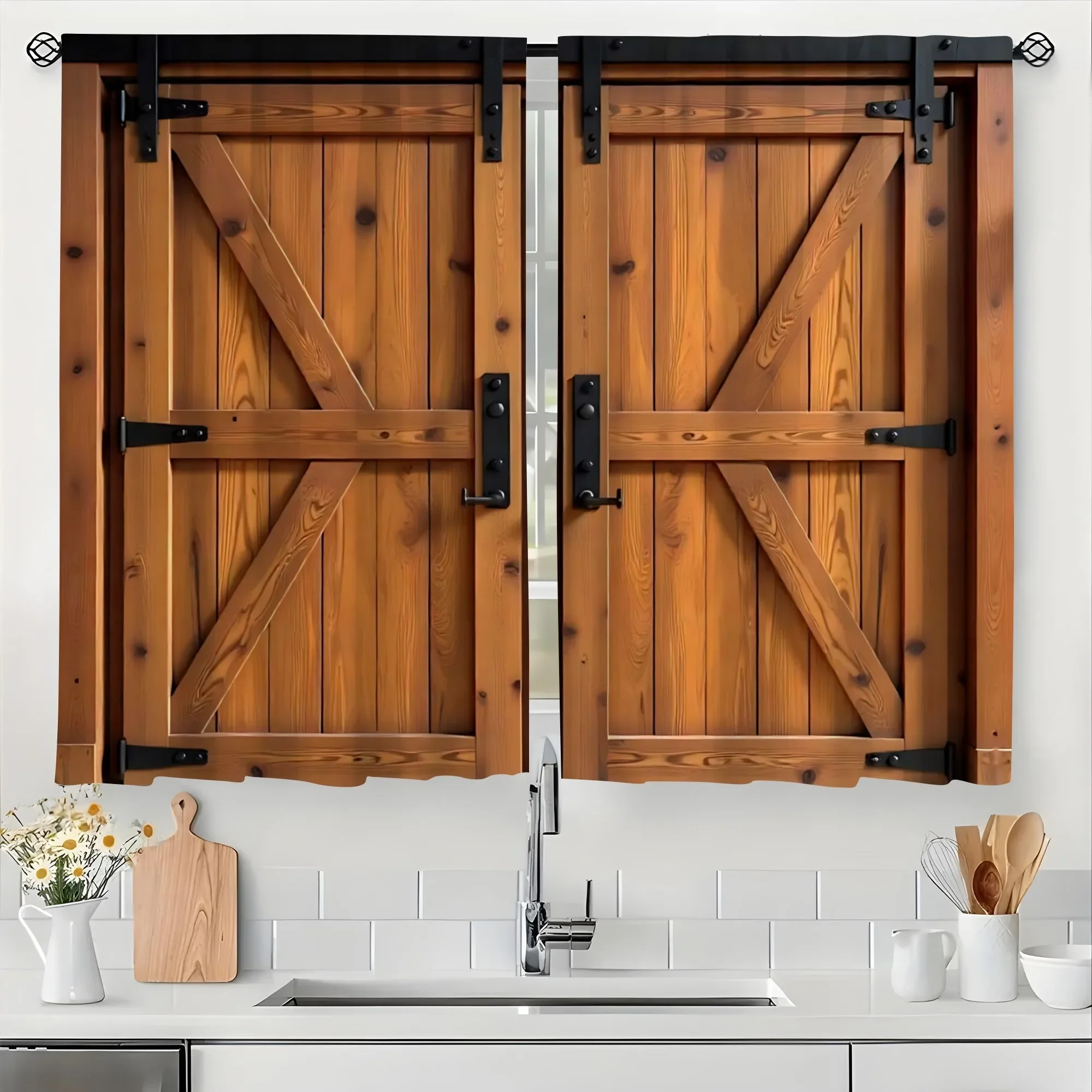 قطعتان من ستائر مطبوعة بإطار باب خشبي عتيق، ستائر كيس عمود 42*84، ديكور منزلي، ديكور الغرفة #5