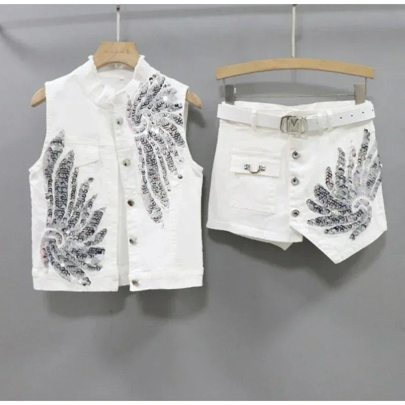 

2024 Summer Korean Fashion Girl Denim Suit Sequined Phoenix Flower Stand-up Collar Vest + Short Culottes Two-piece Fashion Set