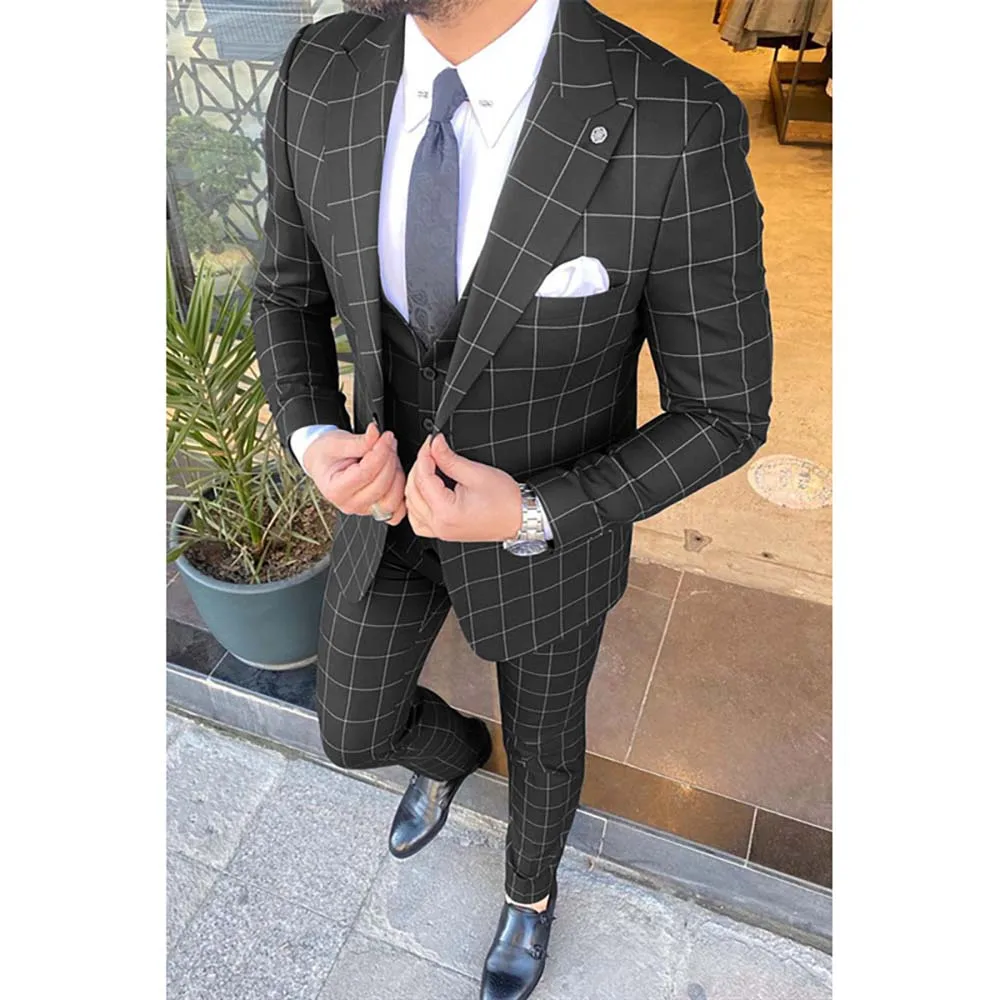 

Slim Fit Black Men Suits Single Breasted Peak Lapel Check Pattern Blazer Slim Fit 3 Piece Jacket Pants Vest Sets Costume Homme