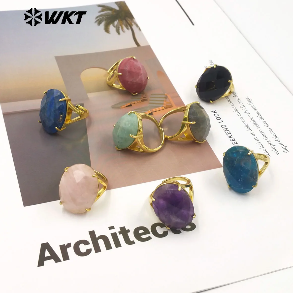 WT-R604 Good Quality Gold Electroplated Faceted Multiple Natural Gemstones Rings For Friends Fashionable Jewelry Present