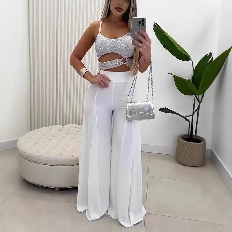 

Sexy Sling Hollow Tops & Long Pant Outfits Women Fashion Shiny Sequins Club Party Suit Casual Sleeveless Wide Leg Pants 2Pc Set