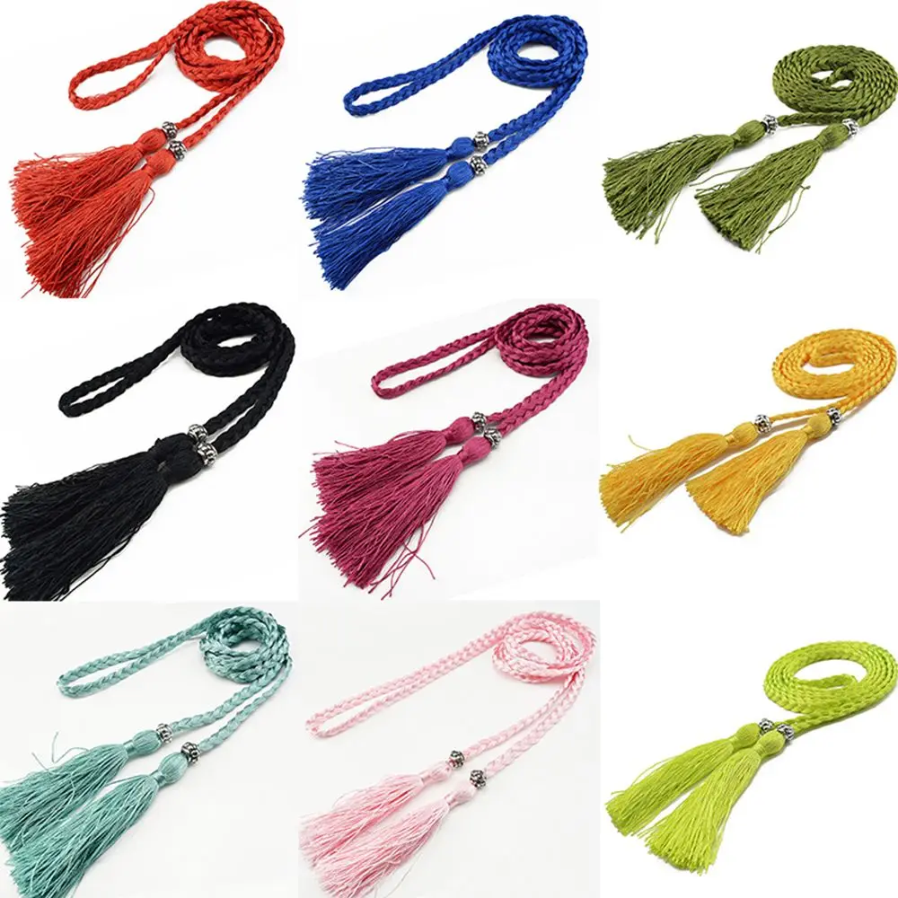 Women 160cm Bow Dress Woven Rope Tassle Waist Rope Waist Chain Braided Belts Tassles Belts
