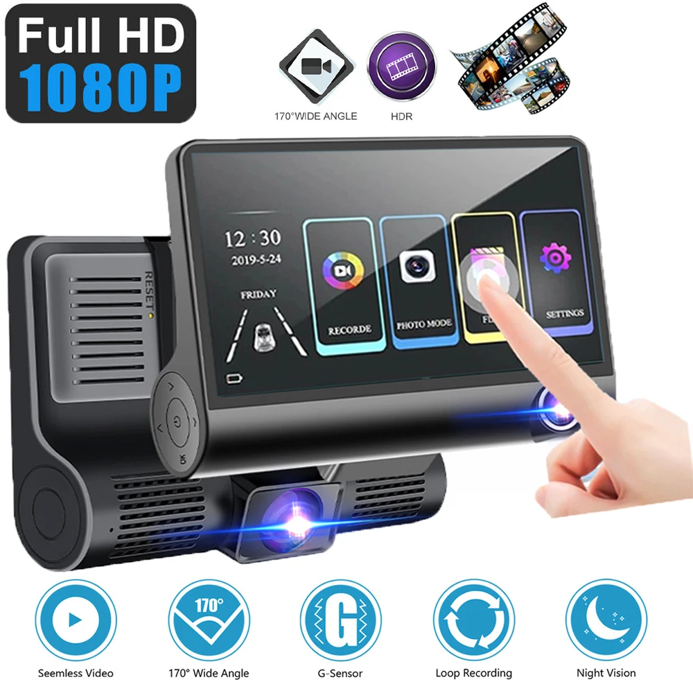 

3 Lens Car Video Recorder 4" Touch Screen Dash Cam Loop Recording G-Sensor 1080P Car DVR Front Inside Rear Cam Blcak Box avto