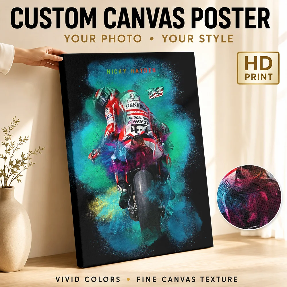 Nicky Hayden Motorcycle Canvas Poster Modern Motorsport Style Wall Art With Personalized Photo For Home Office Ideal Rider Gift