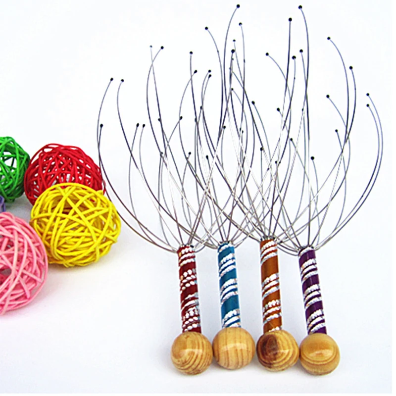 12 Prongs Octopus Scalp Massager Flexible Metal Wire Stress Relief Acupoint Massage Portable Wooden Handle Head Relax Tool Gift