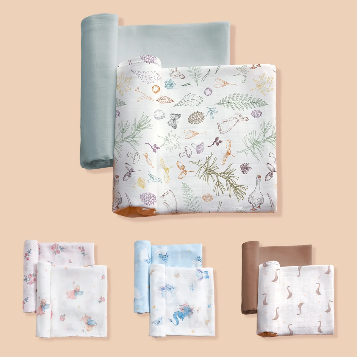 

2 Pack Swaddle Blanket Set, Cute Print and Solid Color, Soft Newborn Receiving Blanket, Breathable Baby Swaddle