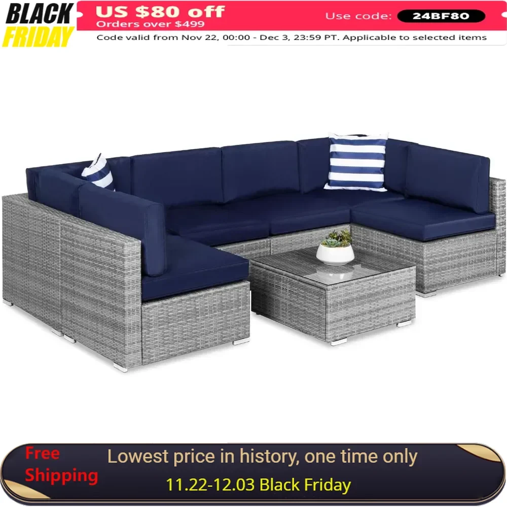 Garden Sofas, 7-Piece Modular Outdoor Sectional Wicker Patio Conversation Set w/ 2 Pillows,  Cover Included, Garden Sofas