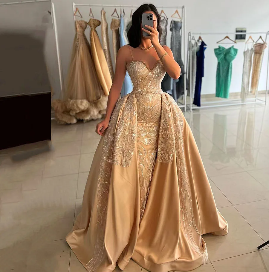 2024 Champagne Arabic Evening Dress with Detachable Train Crystals Lace Floral Mermaid Celebrity Party Dress Wedding Prom Dress