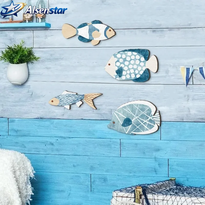 4 pieces of wooden fish wall hanging accessories, retro tropical fish wall hanging accessories,murals,fun ocean beach theme