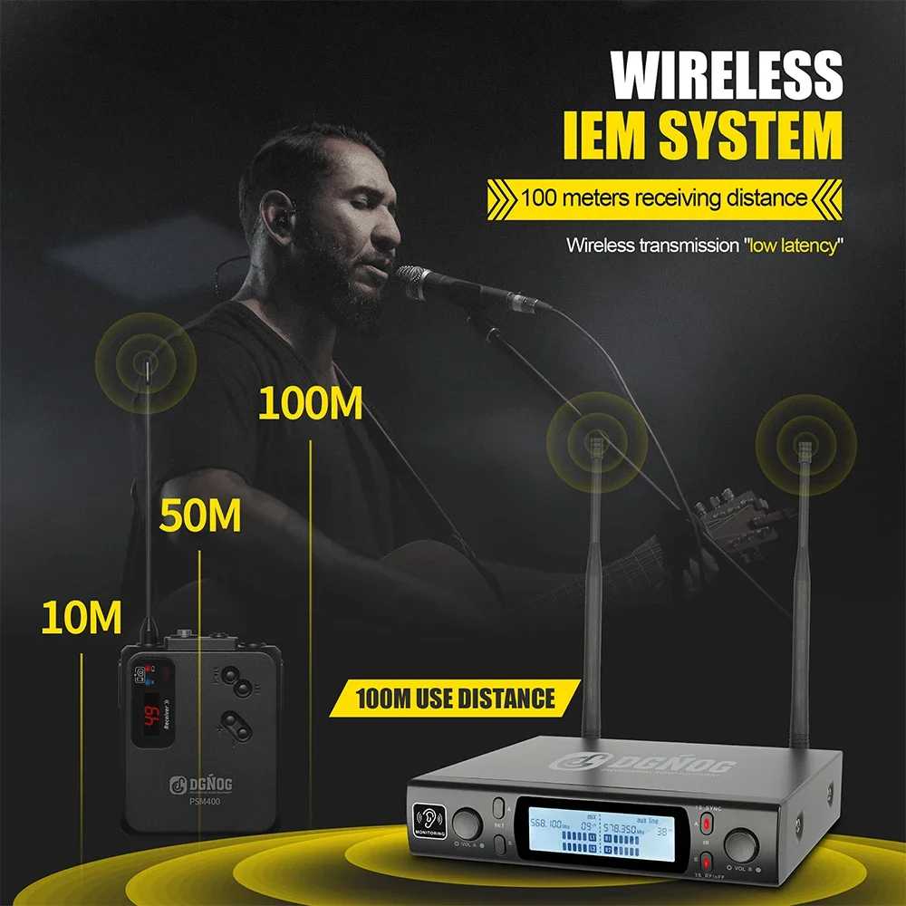 DGNOG PSM400 UHF 2 Channel Wireless In-Ear Monitor System  Professional Mono Monitoring for Stage Performance Singer Studio