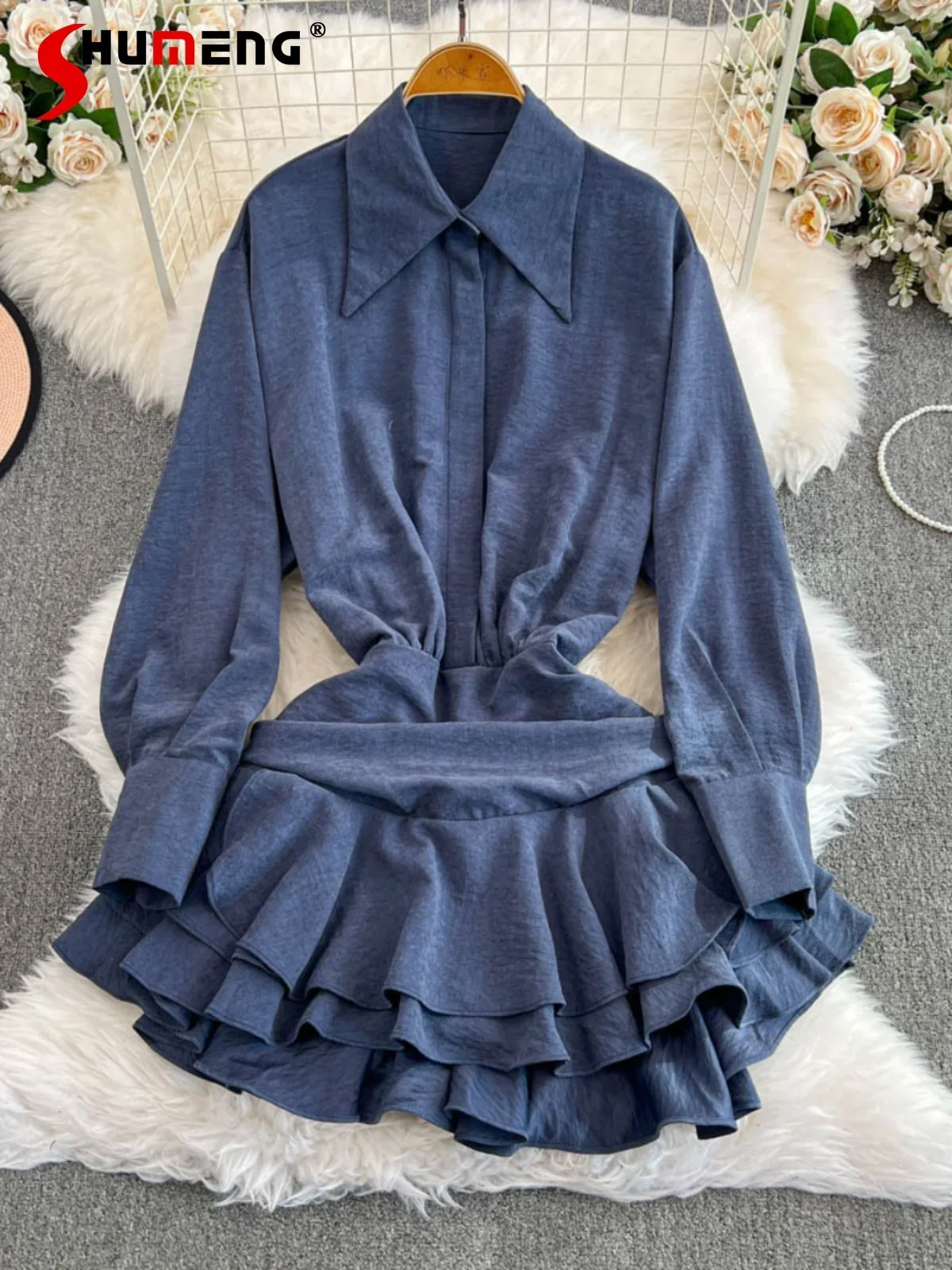 

Women's 2024 Autumn New Lotus Leaf Edge Solid Color Sexy Waist Shirt Dress High-end Polo Neck Sexy Girl Temperament Short Dress