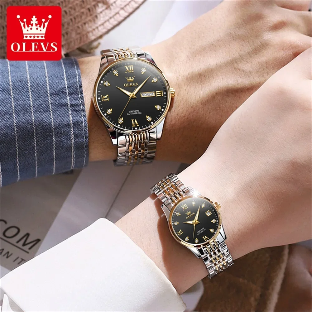 OLEVS-relojes mecánicos automáticos para hombre y mujer, pulsera con correa de acero inoxidable, resistente al agua, 6673